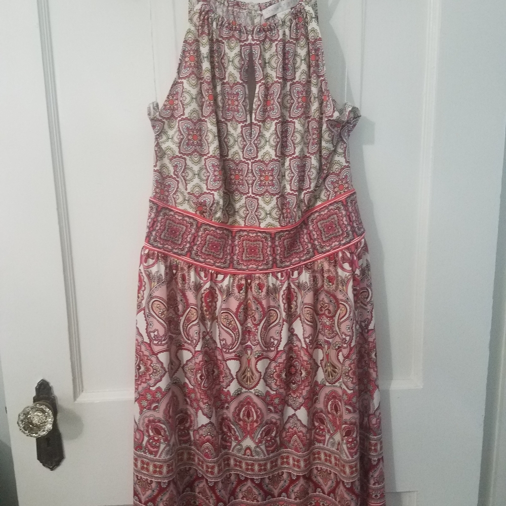 London Times Coral/White Size 8 Halter Midi Dress